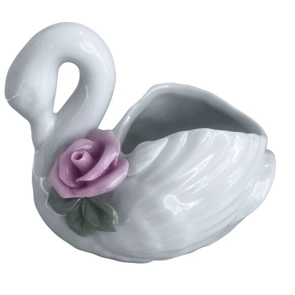 Porcelain White Swan Figurine Pink Rose Candle Holder Dressing Table Decor - Picture 2 of 11